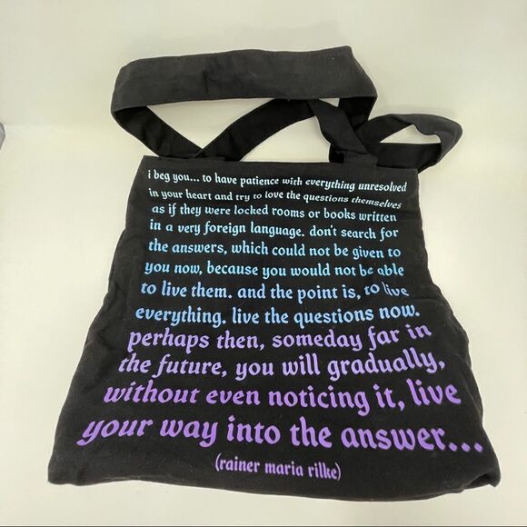 Quotable Canvas Black Tote Bag Quote by Rainier Maria Rilke Zippered - Picture 1 of 6